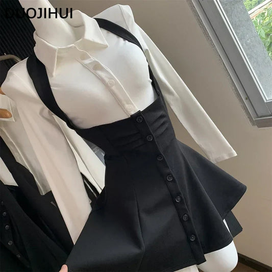 Two Piece New Sexy Chic Halter Female Dresses Basic Polo Neck Fashion Button Shirt Slim Simple A-line XS-L Women Dress