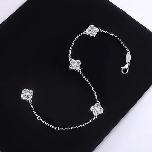 S925 Silver Four Leaf Grass Diamond Bracelet Full D Moissanite Adjustable Chain Wedding Engagement Party Women Birthday Gift