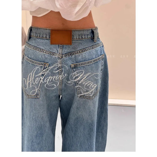 Loose Wide Leg Womens Jeans Casual Pants Trousers Vintage Retro Design American Style Chic Distressed Oversized Fashion