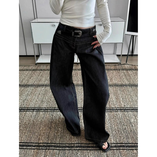 Y2K Baggy Denim Trouser Washed Vintage High Waist Solid Casual Minimalist Pants Grunge Oversized Street Retro Jeans