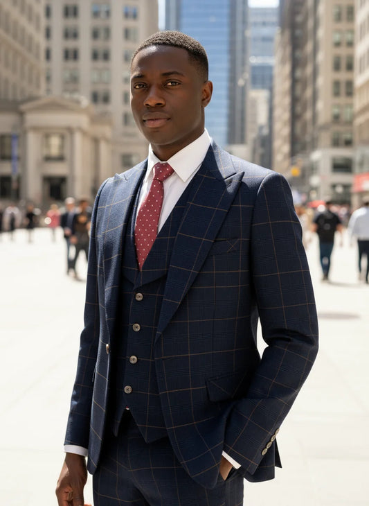 Dark blue 3 Piece Checkered Suit Set Stylish Business Office Wedding Formal Outfit Elegant full man suit