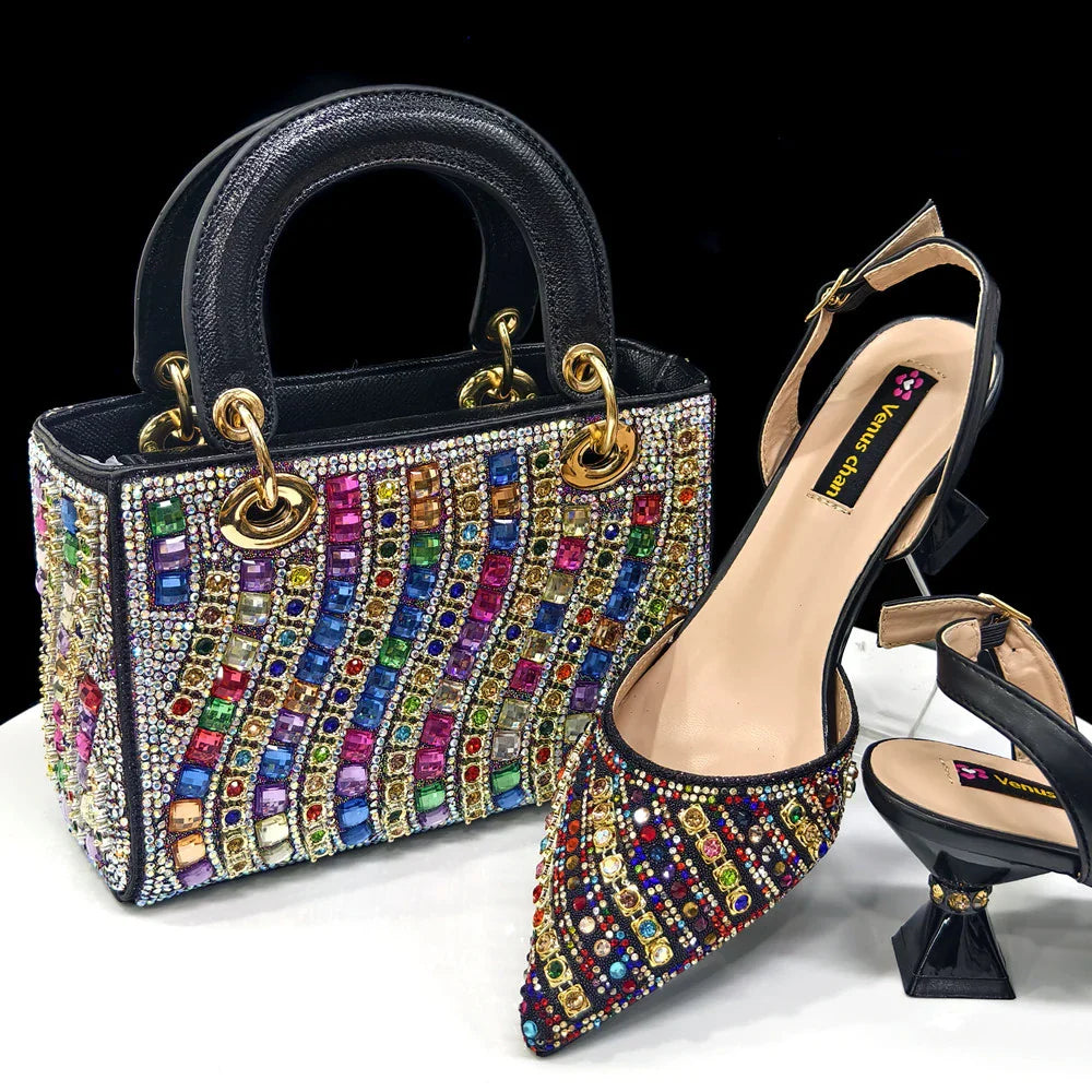 Italian Design Rhinestone-encrusted Ladies Party Women Shoes And Bag Nigeria Gold Mini Bag Women High Heels