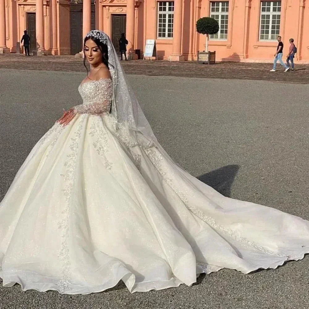 Customized Sparkly V-neck Wedding Dresses Off The Shoulder Lace Applique Bride Gown Ball Gown Long Robe Vestido De Novia
