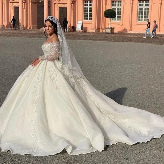 Customized Sparkly V-neck Wedding Dresses Off The Shoulder Lace Applique Bride Gown Ball Gown Long Robe Vestido De Novia