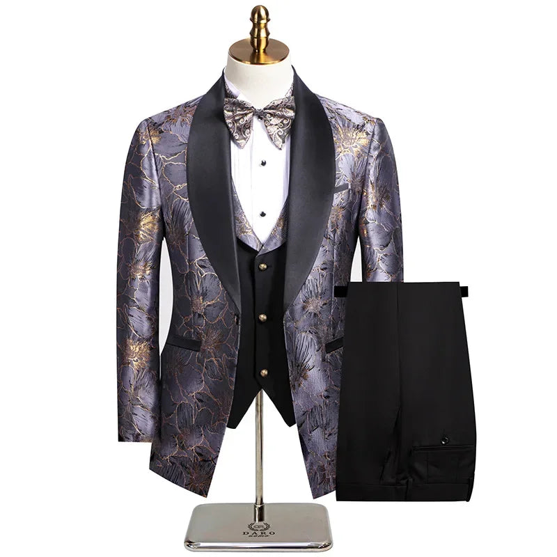 Elegant Wedding 3 Piece Jacket Pants Vest Full Set Luxury Single Breasted Peak Lapel Purple Male Clothing Men's Suits Blazer