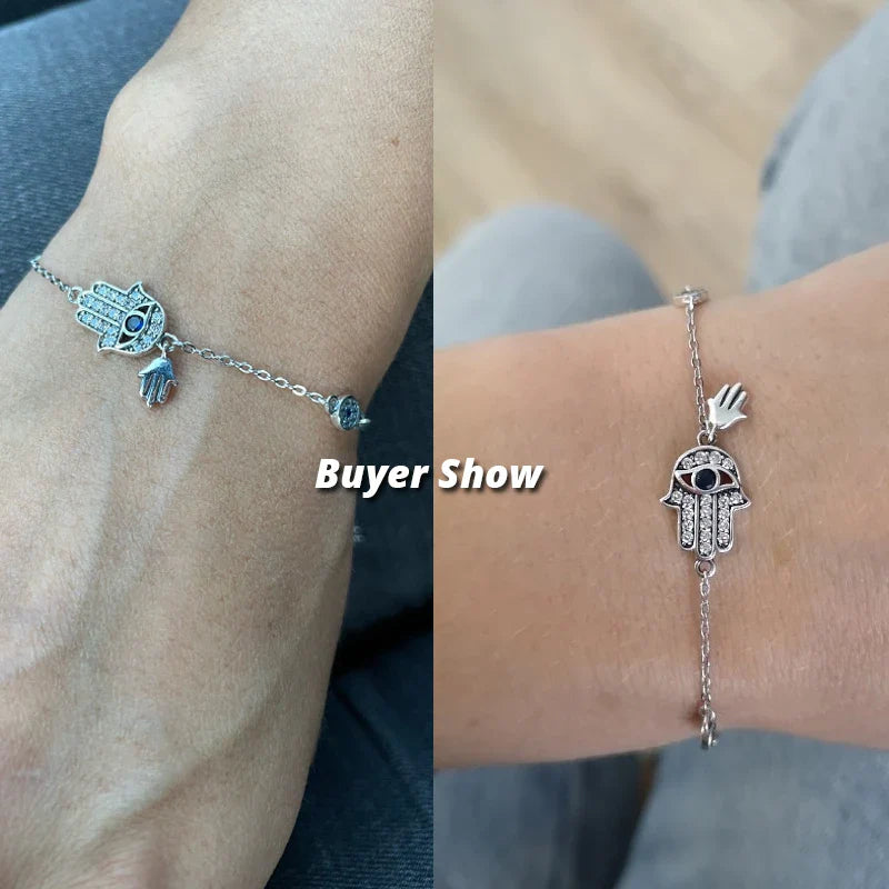 925 Sterling Silver Fatima Hand Lucky Chain Link Bracelet Blue Evil Eye Lobster Clasp Adjustable Hamsa Chain Bracelet