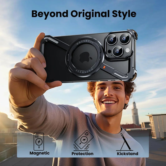 Magnetic Z Shape Metal Phone Case For iPhone 17 Air 15 16 Pro Max Shockproof Bumper With 360° Rotation Holder Protective Cover
