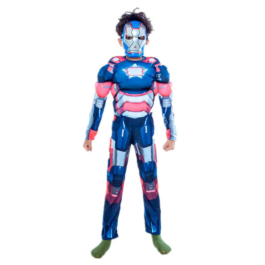 Kids Superhero Muscle Costume Blue Iron Man Jumpsuit with Mask Halloween Party Cosplay Performance Outfit Comfortable Breathable