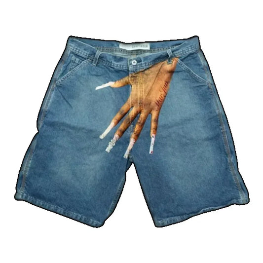 Y2K Baggy Denim Shorts vintage Finger Print Hip Hop gym shorts Harajuku Summer Men Women Gothic Men Basketball Shorts Streetwear