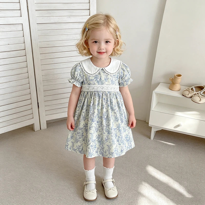 2026 Novo Vestido de Verão para Meninas Crianças 2-6 Anos Vestido de Manga Curta Bufante Estampa Floral Gola Franzida Algodão Doce