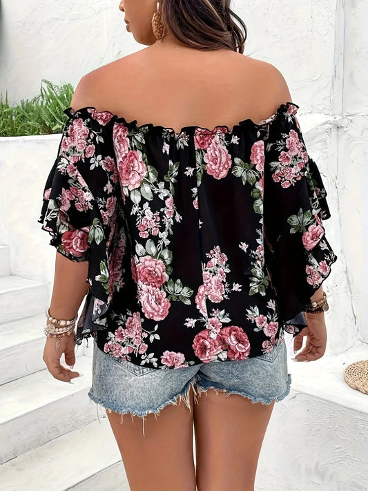 Plus Size Summer Women Elegant Chiffon Shirt Floral Print Off the Shoulder Tops Ruffle Sleeve Curve Clothing