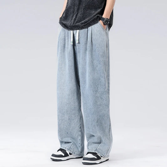 New Men's Elastic Waist Jeans Loose Wide Leg Casual Straight Long Trousers Comfortable Stretch Denim Pants Trendy Brand