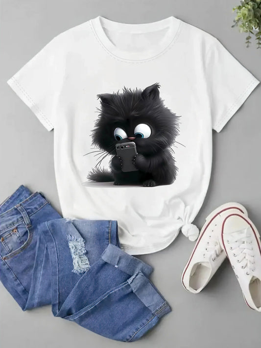 Cartoon Cat Print T-Shirt Crew Neck Short Sleeve Casual Tee for Cat Lovers Fashionable Knit Fabric Top All Seasons