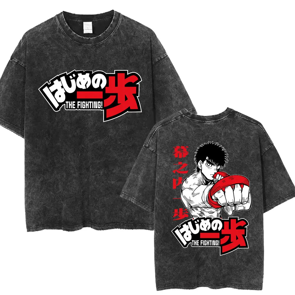 Anime Hajime No Ippo Washed Vintage T-shirt Kamogawa Boxing Gym Harajuku T-shirts Makunouchi Takamura KGB Loose Cotton T Shirt