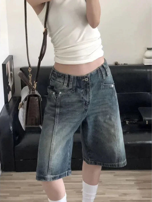 Y2K Vintage Women Denim Shorts Baggy High Waist Korean Wide Leg Jorts Casual Oversize Washed Jeans Streetwear Summer