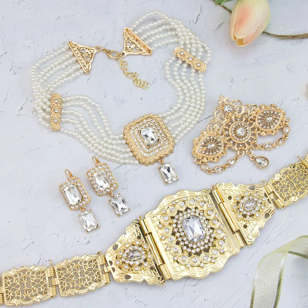 Chic Moroccan Bridal Jewelry Women Caftan Belt Waist Chain Bead Choker Necklace Crystal Earring Brooch Pin Gold Color