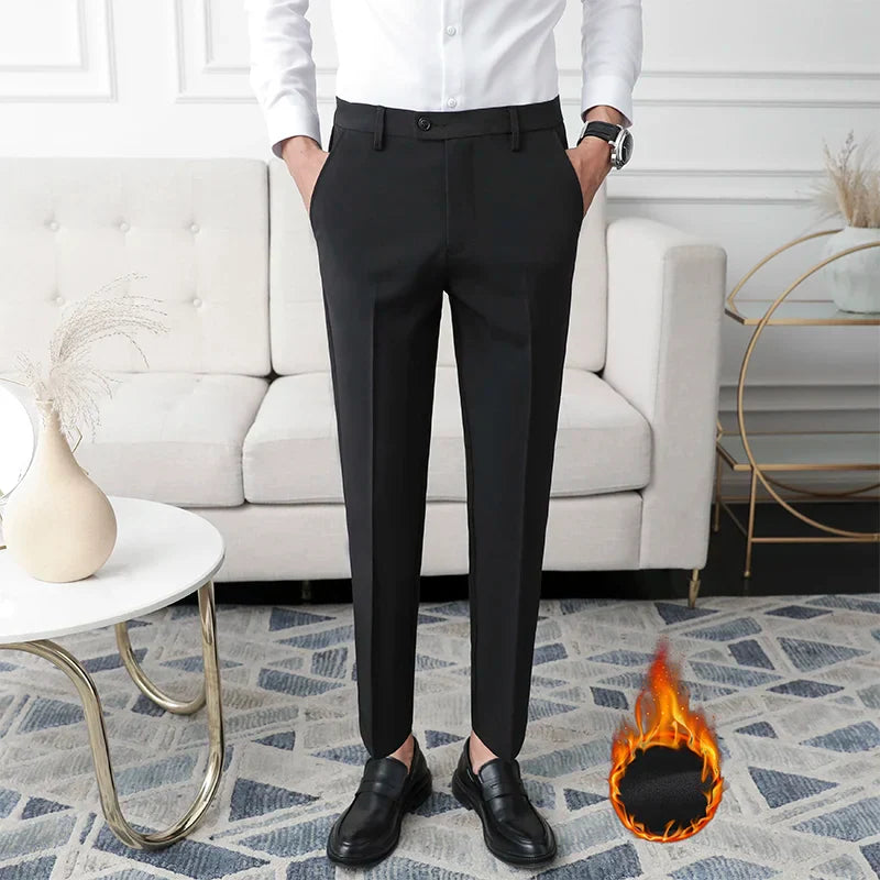 Thickened Fleece Men's Casual Straight Leg Pants Autumn Winter Elastic Slim Fit Korean Style Fashionable Nine Point Long Trou...