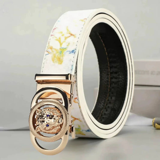 2026 Double Ring Automatic Buckle Belt Men's Leather Belt Cowhide Fashionable and Simple Belt Gold and Silver Alloy Buckle Belt