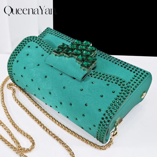 Elegant Green Handbag Medium Heel Shoe Set with Exquisite Handmade Metal Decoration Accents for Wedding & Parties