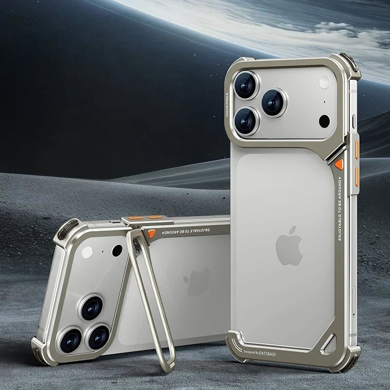 9-Shaped Phone Case for iPhone 17 Pro Max/17 Pro with Hidden Stand Metal Frameless Magsafe Minimalist Shockproof Cover