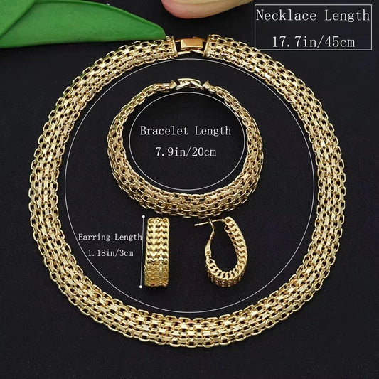 Dubai Luxury Handmade Women Jewelry Set 18k Gold-Plated Chain Necklace Bracelet Stud Earring Full Set Party Wedding Bijoux