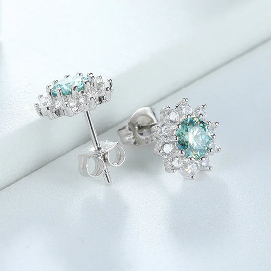 0.5CT 5MM Blue-green Moissanite Sunflower Stud Earrings Colorful Wedding Bride Brilliant Halo 925 Silver Luxury Ear Studs