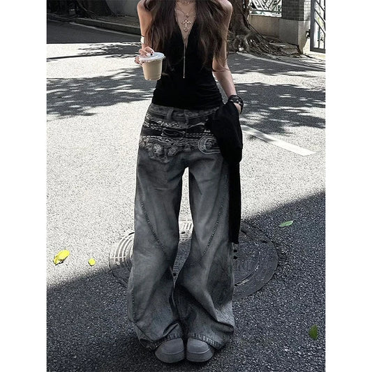 American Vintage Hip-hop High Waist Print Jeans Pants Women's Casual Baggy Y2K Wide Leg Grunge Streetwear Style Denim Trouser