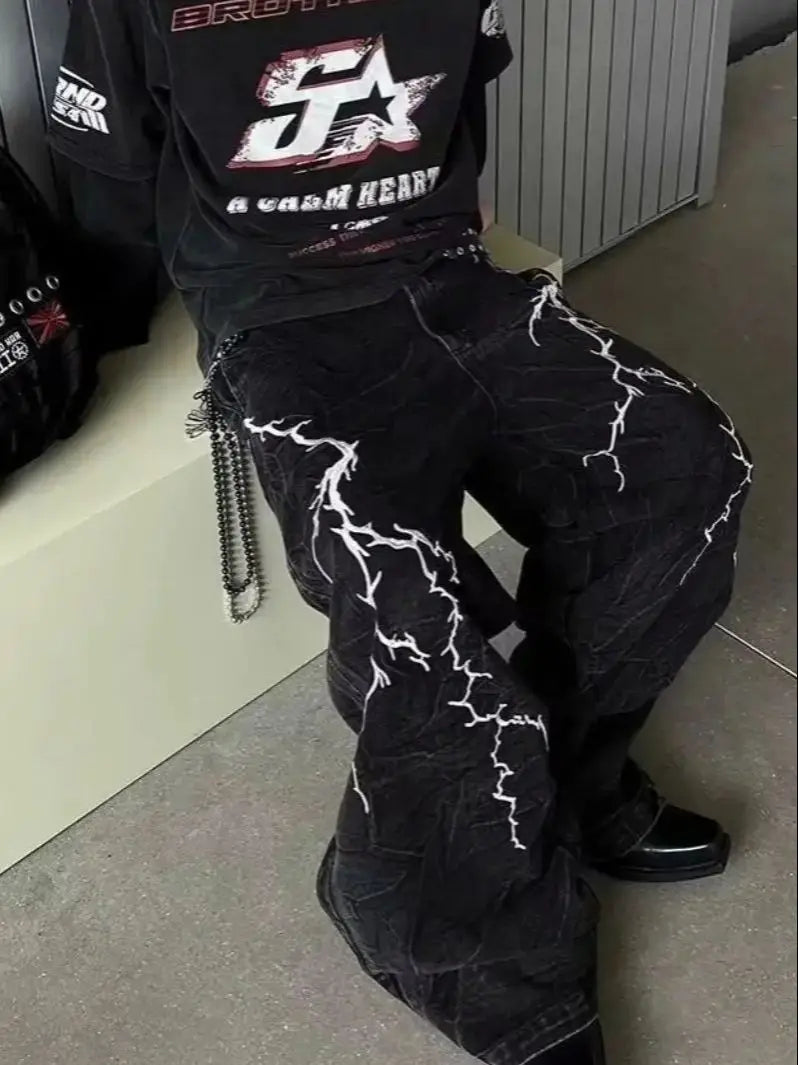 Calça Jeans Solta Reta Versátil Estilo Retrô Urbano com Bordado de Espinhos (Casas de Botão Não Abertas na Cintura)