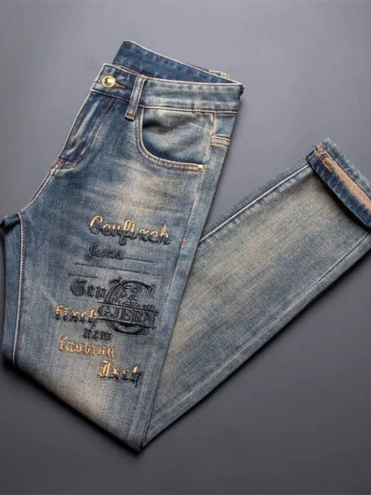 New Spring/Autumn Fashion Trendy Printed American Retro Straight Leg Jeans Men's Casual Sports High Quality Stretch Denim Pants