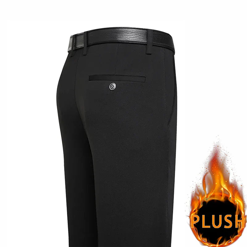 Autumn Winter Men's Fleece Pants Plush Smart Casual Suit Pants Loose Straight Navy Blue Black Dress Pants Thick Warm Trousers