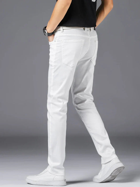 Spring Summer White Slim Fit Jeans Men Casual Thin Straight Leg Stretch Denim Pants Solid Color Streetwear Daily Wear Trousers