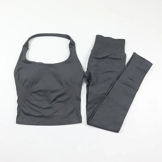 Seamless Gym Set Women Workout Clothes Low Waist Scrunch Yoga Leggings Sets Padded Halter Tank Top 2 Piece Sports Suits