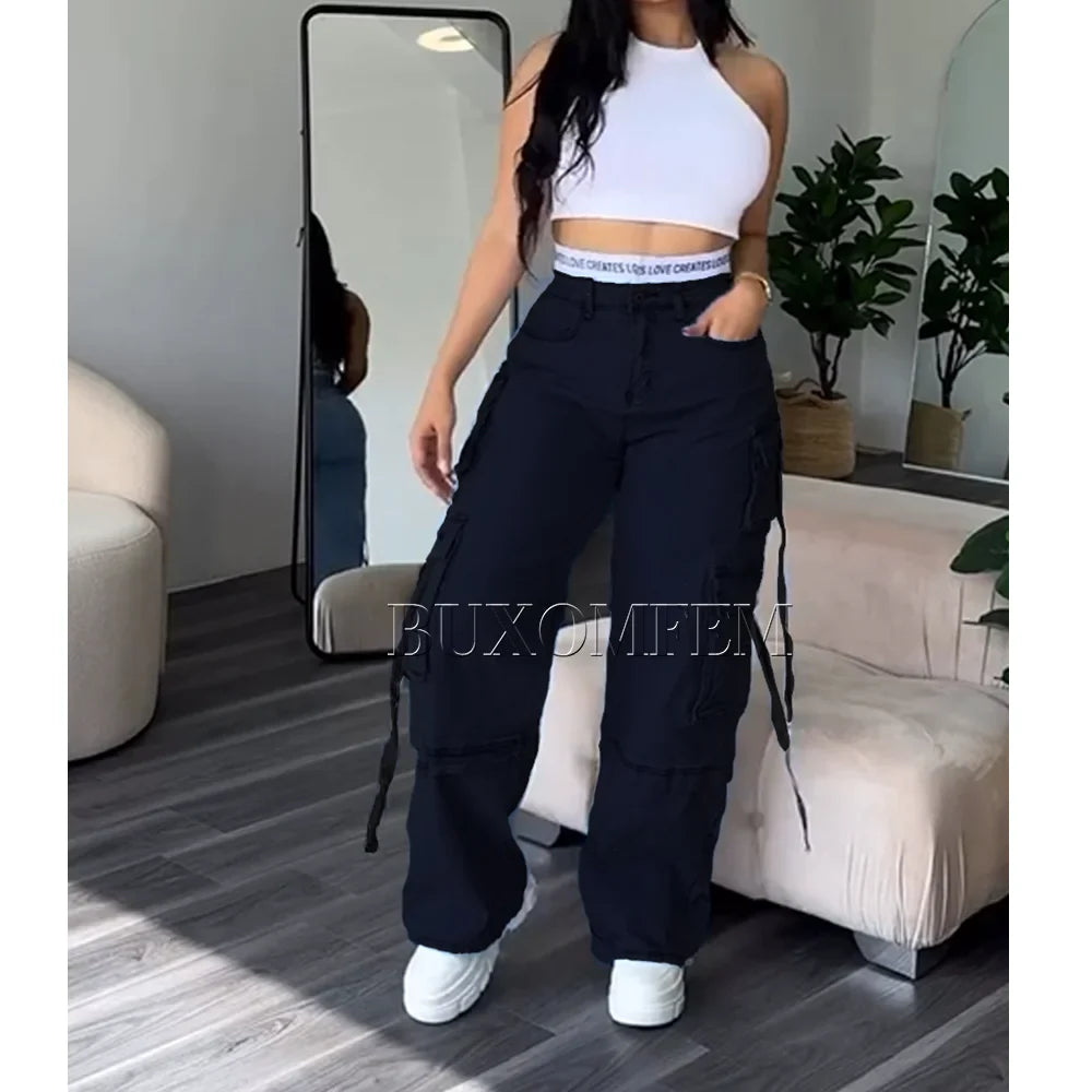 Women's Multi-Pocket Jeans, Retro Splicing, Drawstring, Cool Girl Trousers