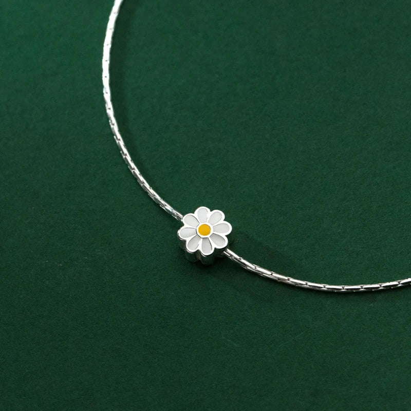 Enamel Daisy Charms Bracelet Real 925 Sterling Silver Link Chain Lucky Adjustable Bracelets For Women Fine Jewelry