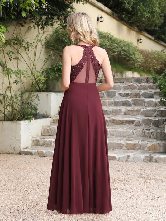 Vestidos de noite de casamento com decote em V rosa empoeirado, renda e pérolas, vestido longo de chiffon vazado elegante para festas femininas 2024