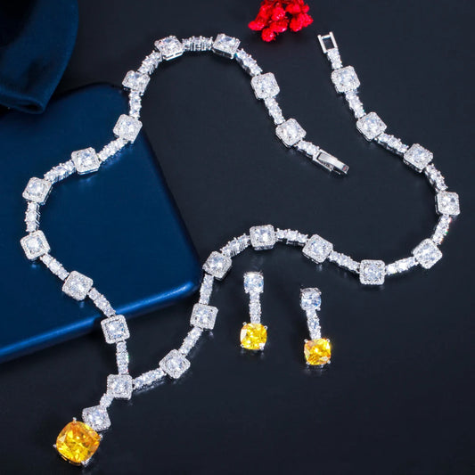 Super Shiny Big Square Yellow Cubic Zirconia Stone Wedding Bridal Necklace Earrings Party Costume Jewelry Sets for Women T0726