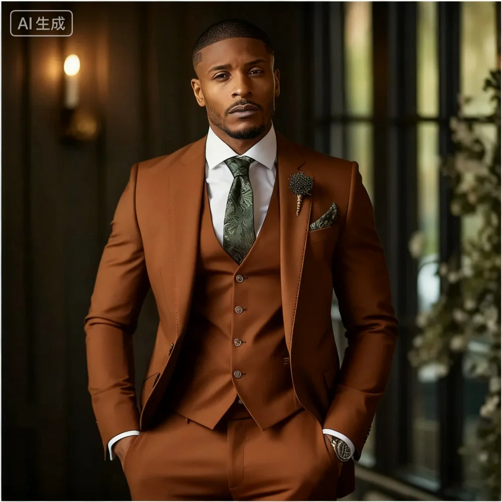 Green Emerald 3-Piece Men's Formal Tuxedo Elegant Jacket with Notched Lapel + Vest + Pants Wedding Groomsmen Smoking Suit