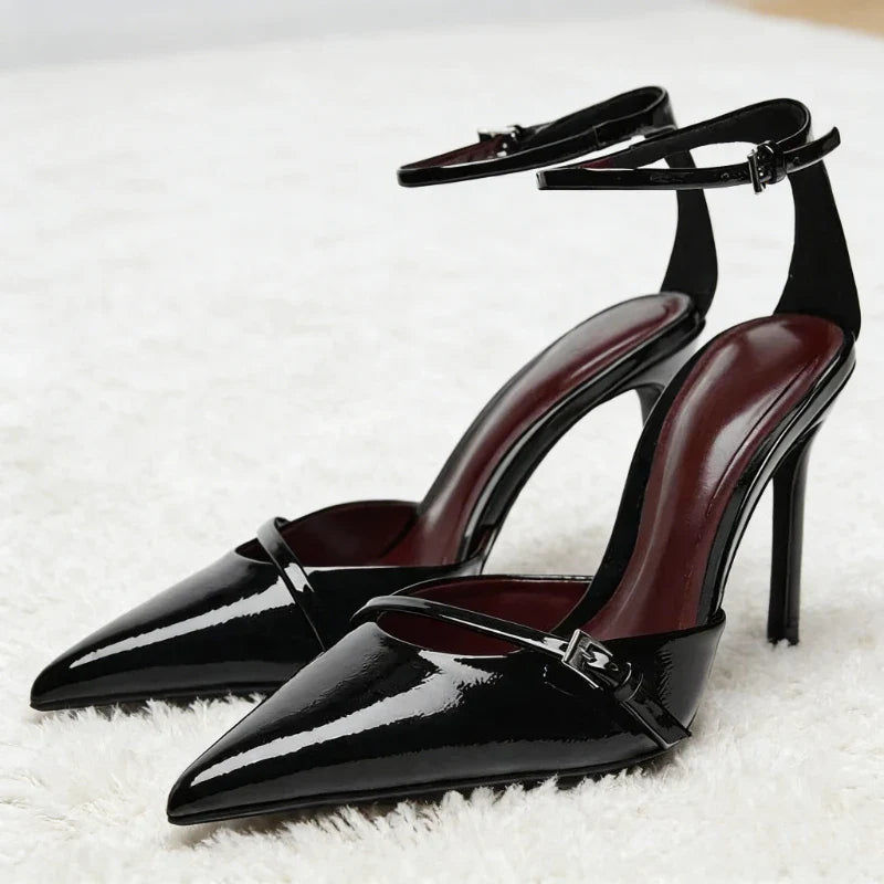 Ankle Strap Thin High Heels Women Summer Patent Leather Luxury Banquet Wedding Shoe Elegant Pointed Toe High Heeled Sandals