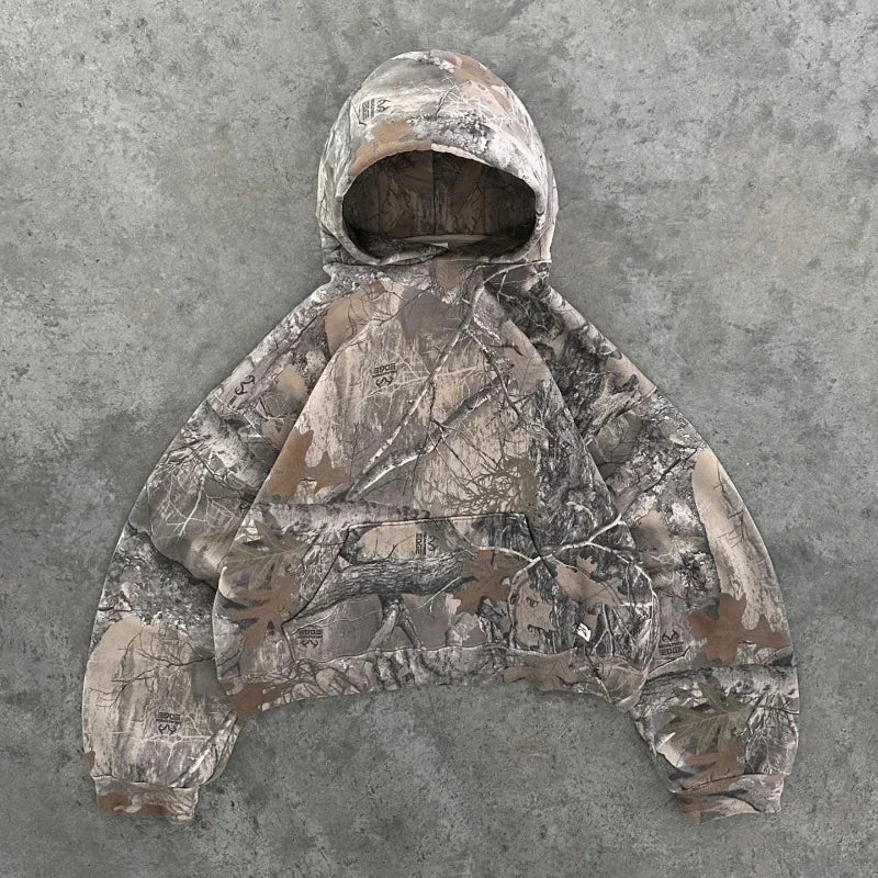 Moletom Masculino com Zíper Y2K Retrô Estampa Camuflada Moletom com Zíper de Rua Hip Hop Streetwear Unissex Oversized Camo Hoodie