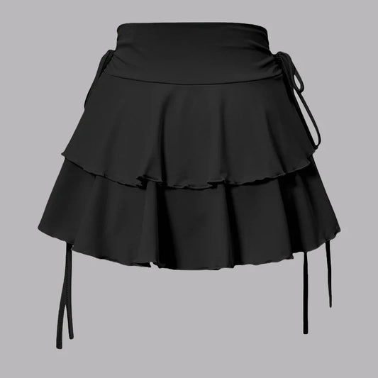 Summer new style simple pure color women's skirt fashion versatile elegant trendy fake drawstring A-line mini super short skirt
