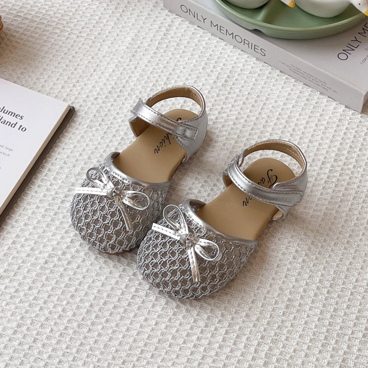 Girl's Sandals Breath-mesh Braided Adorable Summer Kids Sliders Bowtie Beige Sliver Round Toe All-match Childern Shoes 23-33