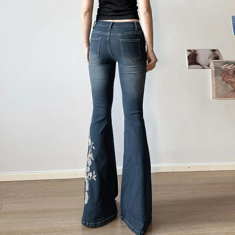 Women Retro Y2k Jeans Baggy Floral Embroidery Jeans
