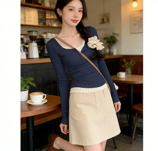2026 Women's Fashion Trend Solid Color Sexy Lace Jacquard Two-Piece Long-Sleeve T-Shirt Y2K Slim Fit Sweet & Spicy Girl Shirt