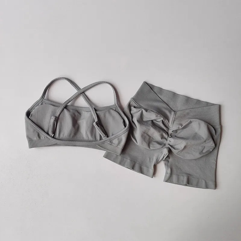 2PCS Women's High Waist Seamless Yoga Gym Set Sports Bra Top with Scrunch Shorts Fitness Workout Sportswear