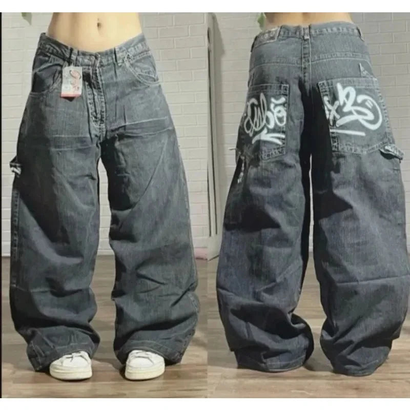 Calça Jeans Folgada Bordada com Padrão Geométrico Nova Moda Americana Feminina Y2K Harajuku Vintage Hip-hop Casual Popular com Perna Larga