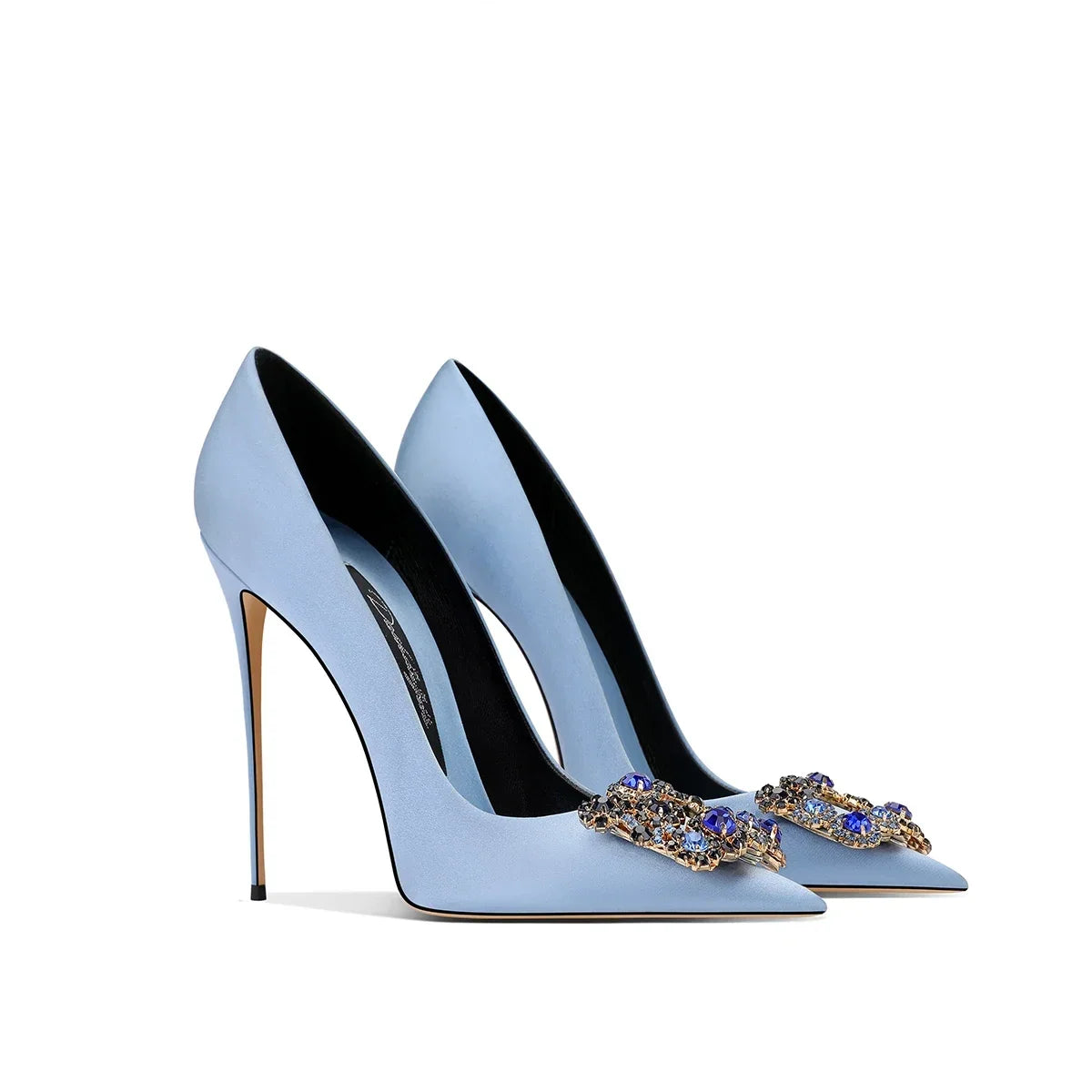 2026 Spring and Autumn New Women's Blue High Heels Pointed Thin Heel Rhinestone Square Buckle Dress Fashion Women's Shoes