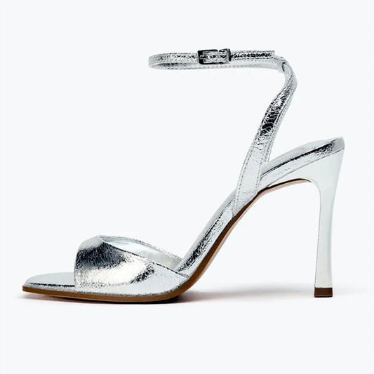 Silver Patent Leather Ankle Buckle Heeled Sandals Women Elegant Square Toe Open Toe High Heels Summer Sexy Party Dress Shoes