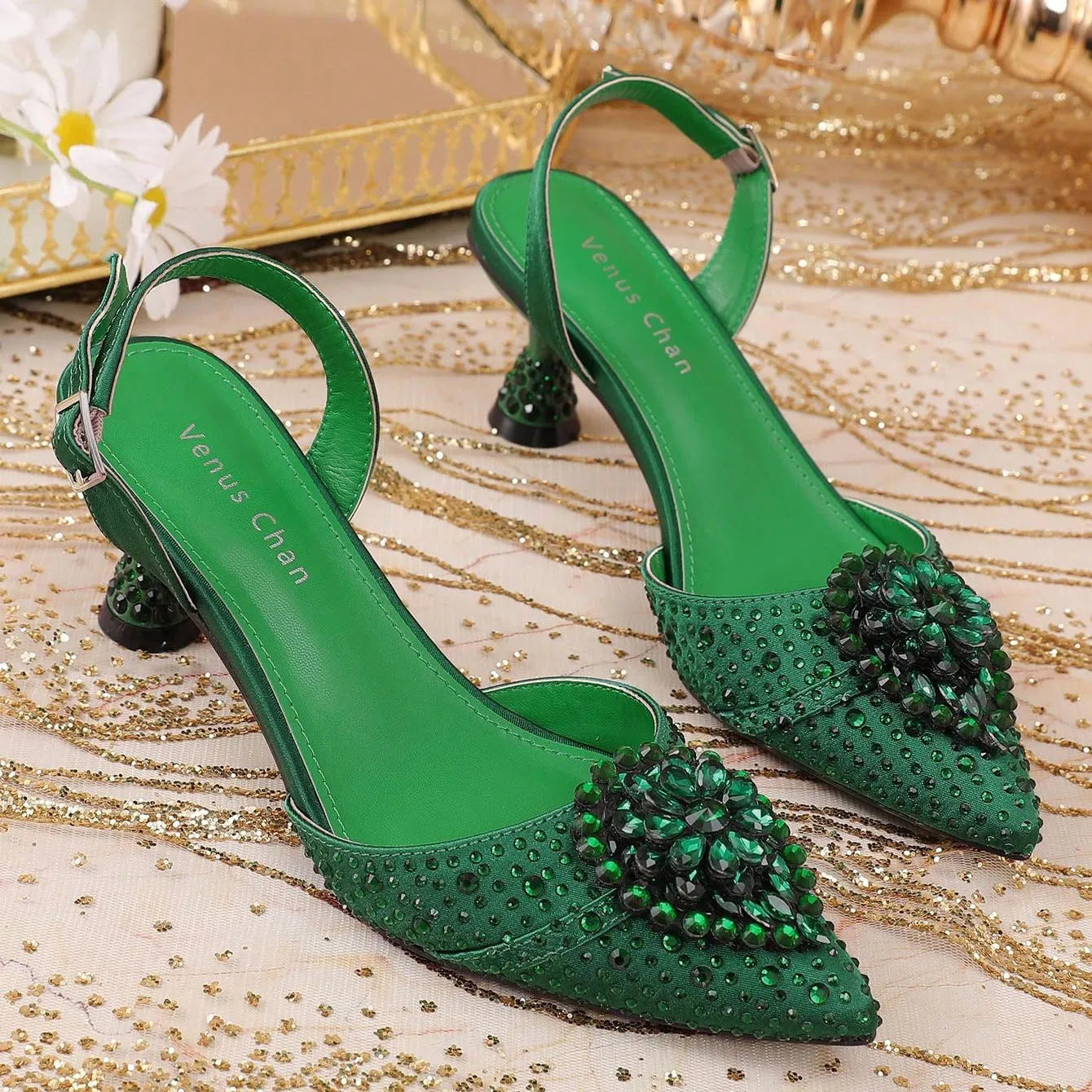 Green Colour Wedding High Heels for Women Italy Design Rhinestone Decorate Pointed-Toe Gorgeous Parties 2025 INS Lady Plus Size