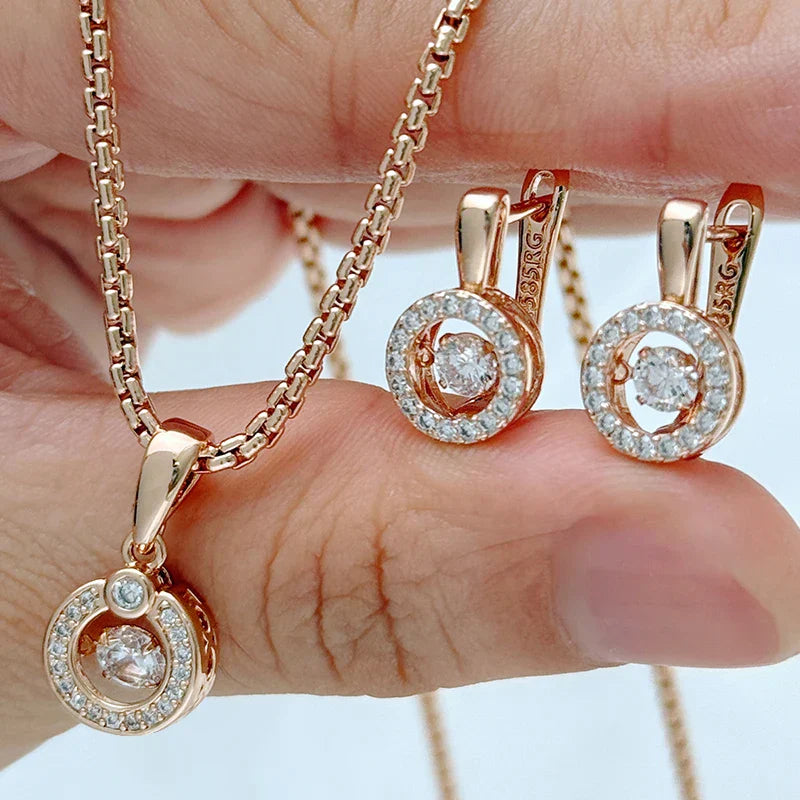 Rose Gold Color Bridal Wedding Jewelry Sets Natural Zircon Geometry Ring Earrings Necklace for Women Fine Jewelry