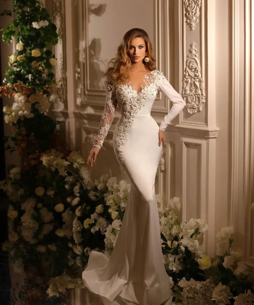 Customized V Neck Mermaid Wedding Dresses Long sleeve Pearls Embroidery Detachable Overskirts Vestido De Novia 2025